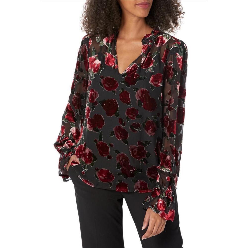 PAIGE Women's Laurin black velvet rose burnout design V-neckline, Blouse Large